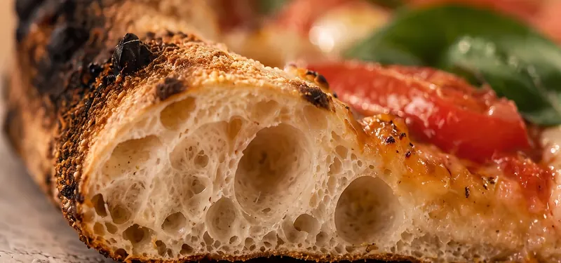 Corte da borda de uma pizza com o miolo alveolado e a côdea tostada pelo forno