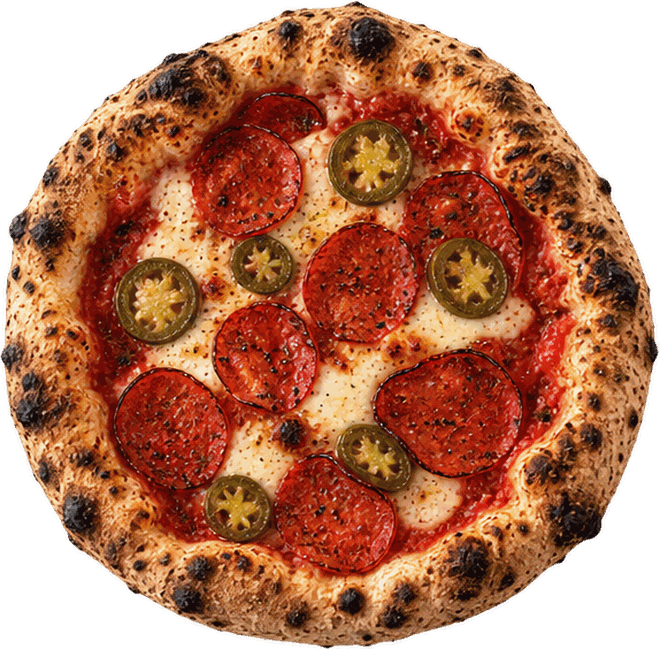 Pizza de pepperoni e jalapeño acabada de sair do forno